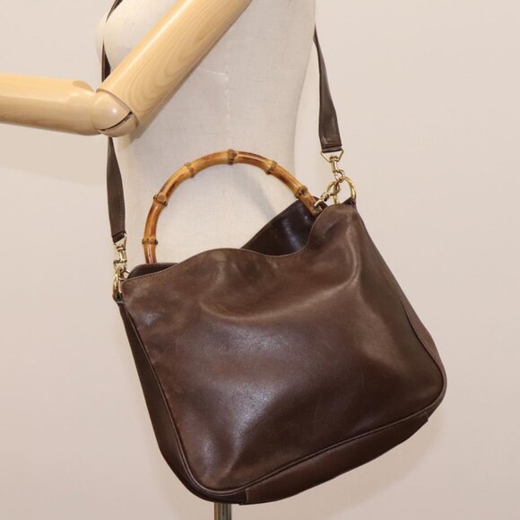 GUCCI Bamboo Hand Bag Leather 2way Brown Gold 001 1998 1638 Auth 111266 - Picture 13 of 15